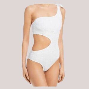Aqua Bloomingdale'White-Eyelet One-Shoulder Cut-Out One-Piece Swimsuit Large NWT